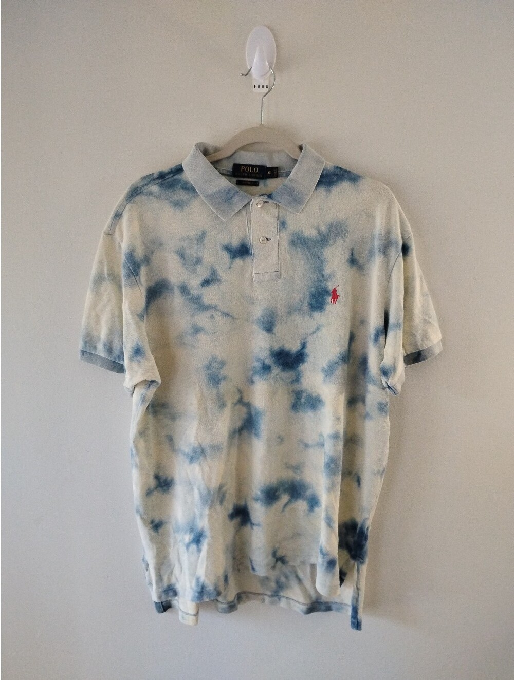 Polo Ralph Lauren Tie-Dye Polo Shirt Mens XL Custom Fit Red Pony Logo Blue White